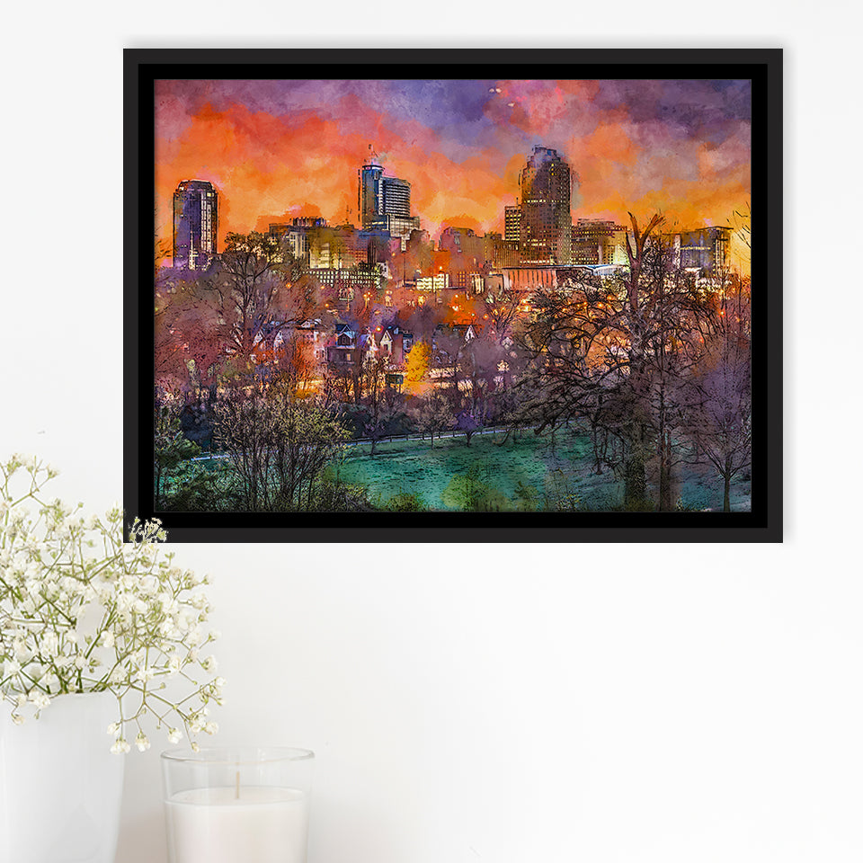 Raleigh North Carolina Usa Skyline City Art Watercolor Framed Canvas Prints Wall Art Home Decor,Floating Frame