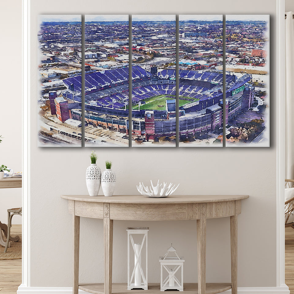 Ravens Stadium MT Bank Stadium Watercolor, 5 Pieces B, Multi Panel Canvas Prints Wall Art Decor