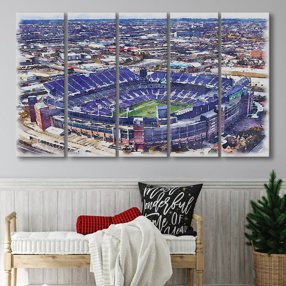 Ravens Stadium MT Bank Stadium Watercolor, 5 Pieces B, Multi Panel Canvas Prints Wall Art Decor