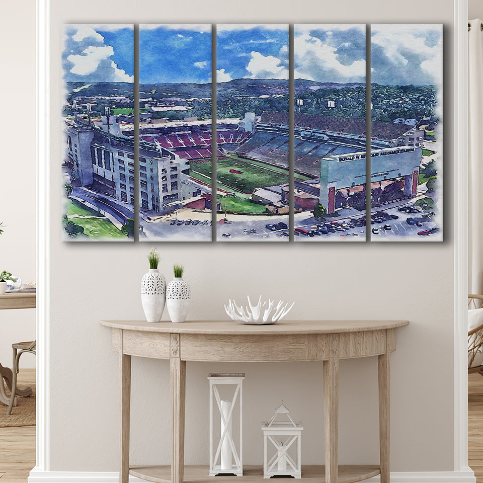 Razorback Stadium Arkansas Stadium Watercolor, 5 Pieces B, Multi Panel Canvas Prints Wall Art Decor