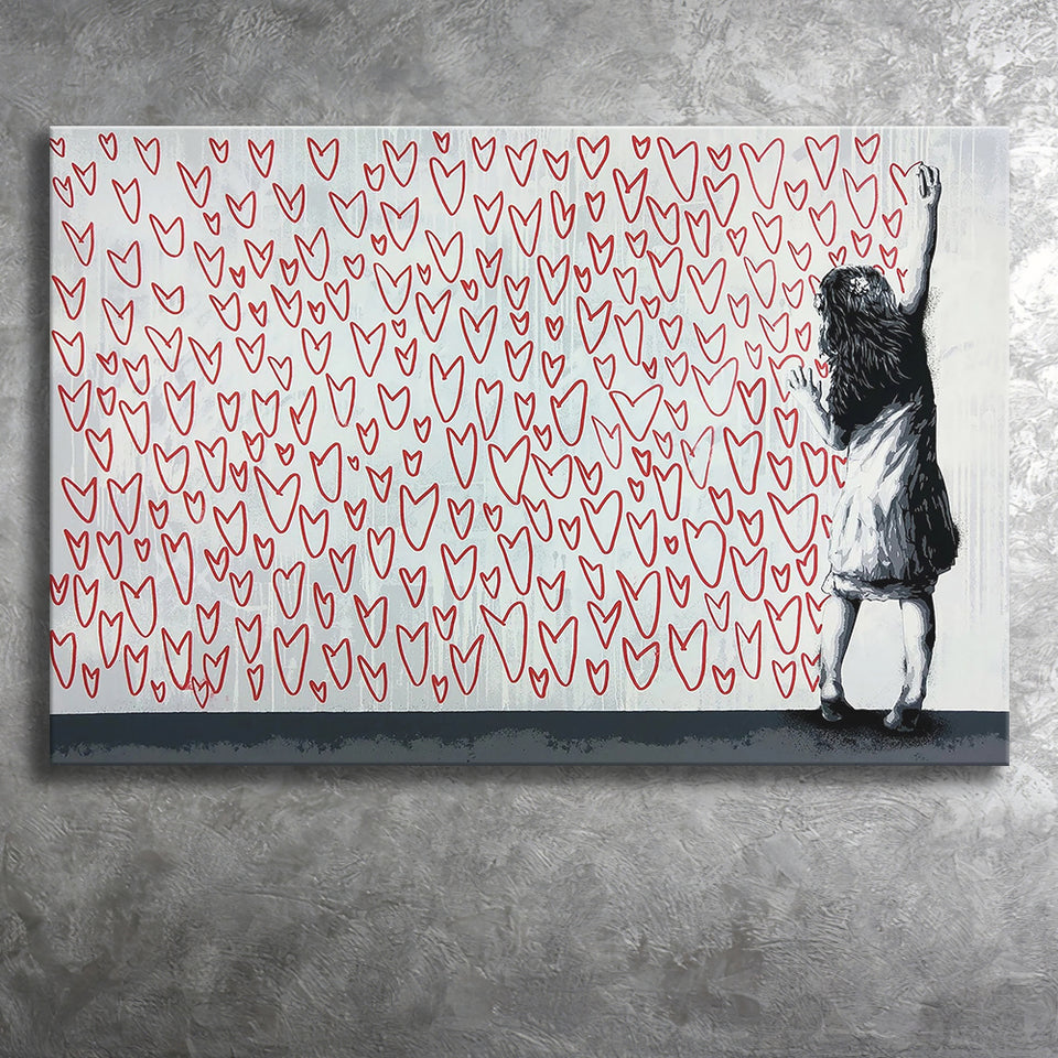 Red Hearts Street Art Banksy Style Urban, Canvas Prints Wall Art Home Decor