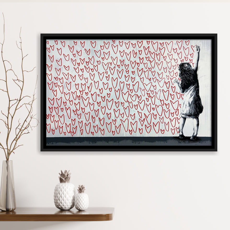 Red Hearts Street Art Banksy Style Urban, Framed Canvas Prints Wall Art Home Decor,Floating Frame, Ready to Hang