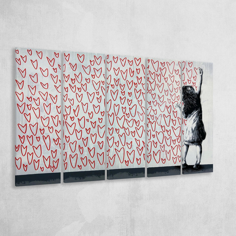 Red Hearts Street Art Banksy Style Urban, Multi Panels, 5 Pieces B, Canvas Prints Wall Art Home Decor,X Large Canvas
