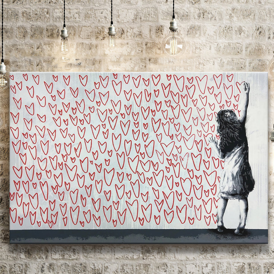 Red Hearts Street Art Banksy Style Urban, Canvas Prints Wall Art Home Decor
