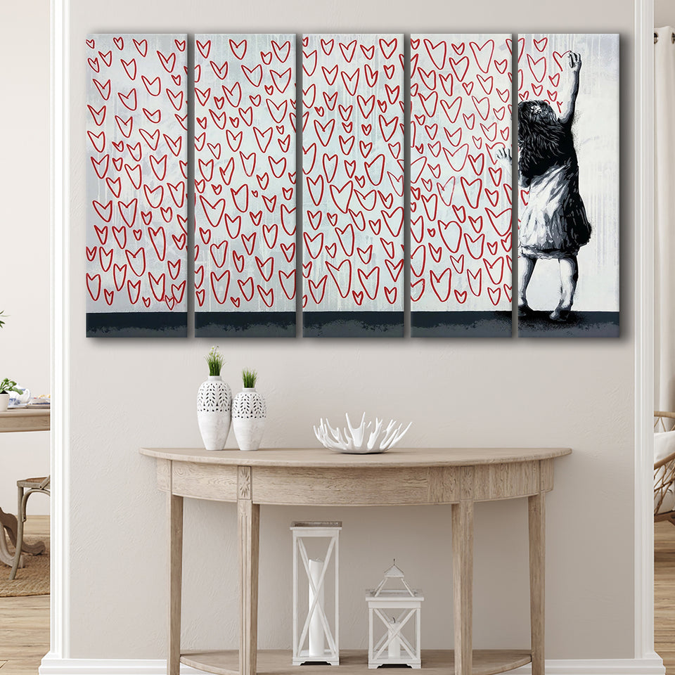 Red Hearts Street Art Banksy Style Urban, Multi Panels, 5 Pieces B, Canvas Prints Wall Art Home Decor,X Large Canvas
