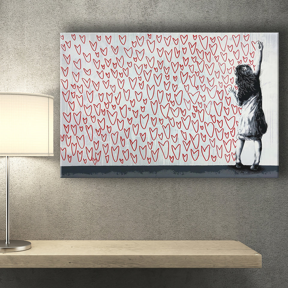 Red Hearts Street Art Banksy Style Urban, Canvas Prints Wall Art Home Decor