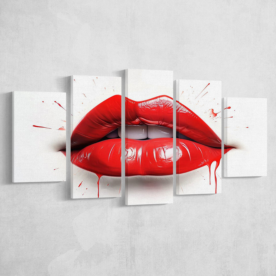 Red Lip Watercolor 5 Panels Canvas Prints Wall Art Home Decor, Large Mixed Canvas