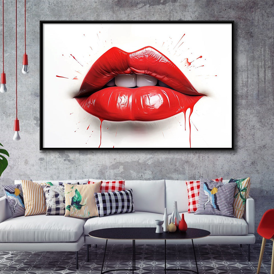 Red Lip Watercolor Framed Canvas Prints Wall Art Home Decor, Painting Canvas, Floating Frame