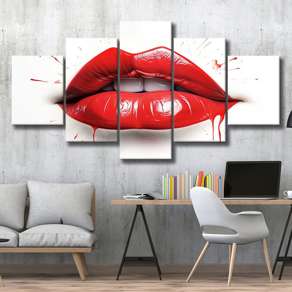 Red Lip Watercolor 5 Panels Canvas Prints Wall Art Home Decor, Large Mixed Canvas
