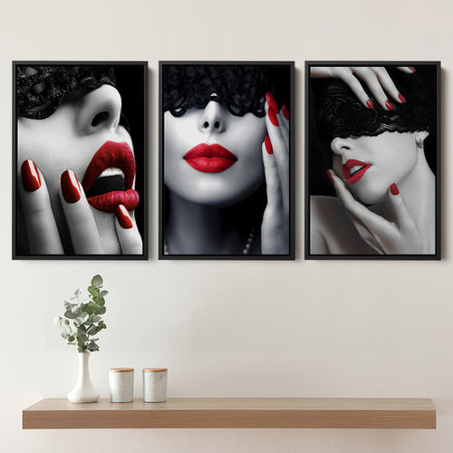 Red Lips Woman Painting Fashion Girl Modern V2 Set of 3 Piece Framed Canvas Prints Wall Art Decor