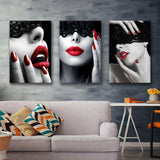 Red Lips Woman Canvas Painting Fashion Girl Modern V2 Set of 3 Piece Canvas Prints Wall Art Decor