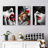 Red Lips Woman Canvas Painting Fashion Girl Wall Art Pictures Modern Set of 3 Piece Canvas Prints Wall Art Decor