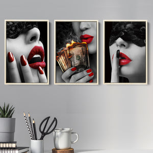 Red Lips Woman Painting Fashion Girl Wall Art Pictures Modern Set of 3 Piece Framed Canvas Prints Wall Art Decor