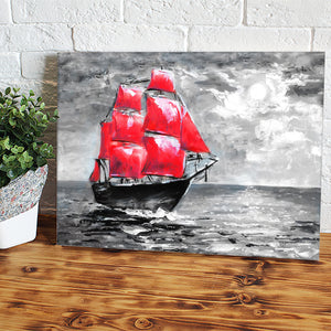 Red Ship On Sea Watercolor Canvas Wall Art - Canvas Prints, Prints for Sale, Canvas Painting, Home Decor