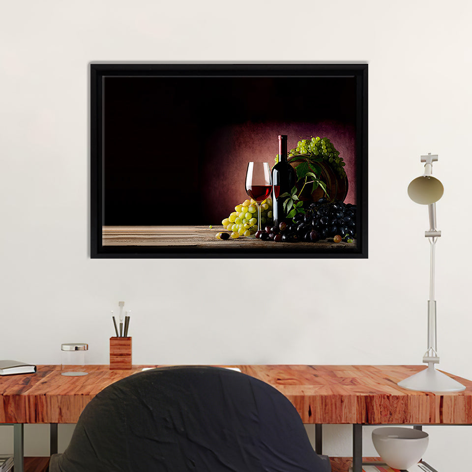 Red Wine And Bunches Of Grapes Framed Canvas Wall Art - Framed Prints, Canvas Prints, Prints for Sale, Canvas Painting
