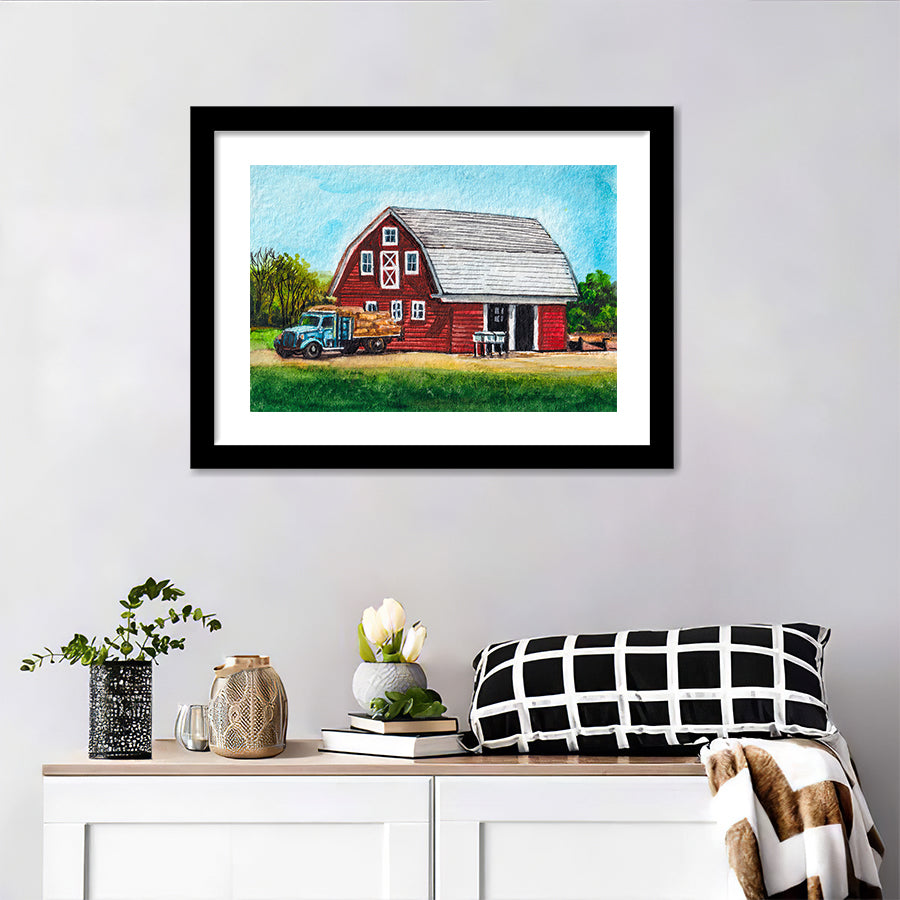 Red Barn And Truck Framed Wall Art - Framed Prints, Art Prints, Home Decor, Painting Prints