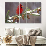 Red Cardinal Bird On A Pine Tree 5 Pieces B Canvas Prints Wall Art - Painting Canvas, Multi Panels,5 Panel, Wall Decor