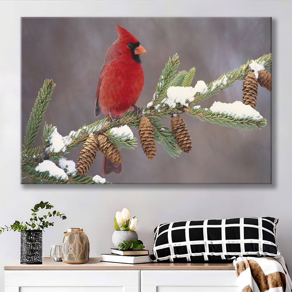 Red Cardinal Bird On A Pine Tree Canvas Prints Wall Art - Painting Canvas, Home Wall Decor, Painting Prints, For Sale