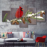 Red Cardinal Bird On A Pine Tree  5 Pieces Canvas Prints Wall Art - Painting Canvas, Multi Panels, 5 Panel, Wall Decor