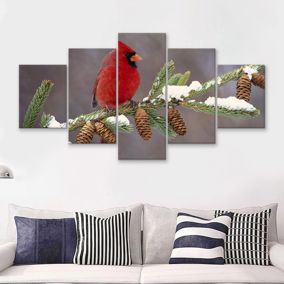 Red Cardinal Bird On A Pine Tree  5 Pieces Canvas Prints Wall Art - Painting Canvas, Multi Panels, 5 Panel, Wall Decor