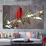 Red Cardinal Bird On A Pine Tree 5 Pieces B Canvas Prints Wall Art - Painting Canvas, Multi Panels,5 Panel, Wall Decor