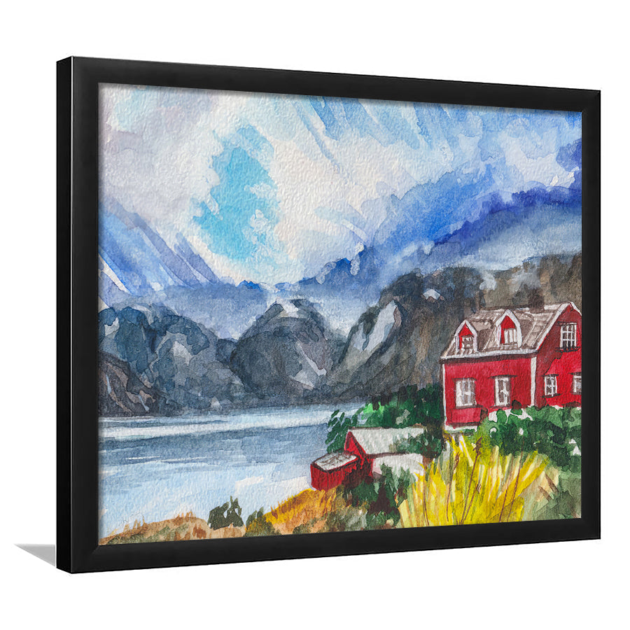 Red House Surrounded By Mountains Framed Wall Art - Framed Prints, Art Prints, Print for Sale, Painting Prints