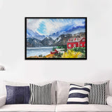 Red House Surrounded By Mountains Framed Wall Art - Framed Prints, Art Prints, Print for Sale, Painting Prints