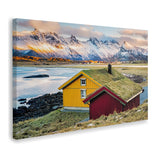 Red Shed And Yellow House With Snowy Mountains Canvas Wall Art - Canvas Prints, Prints for Sale, Canvas Painting, Canvas On Sale