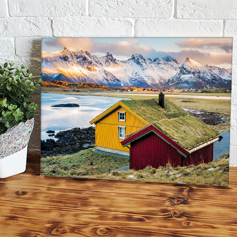 Red Shed And Yellow House With Snowy Mountains Canvas Wall Art - Canvas Prints, Prints for Sale, Canvas Painting, Canvas On Sale