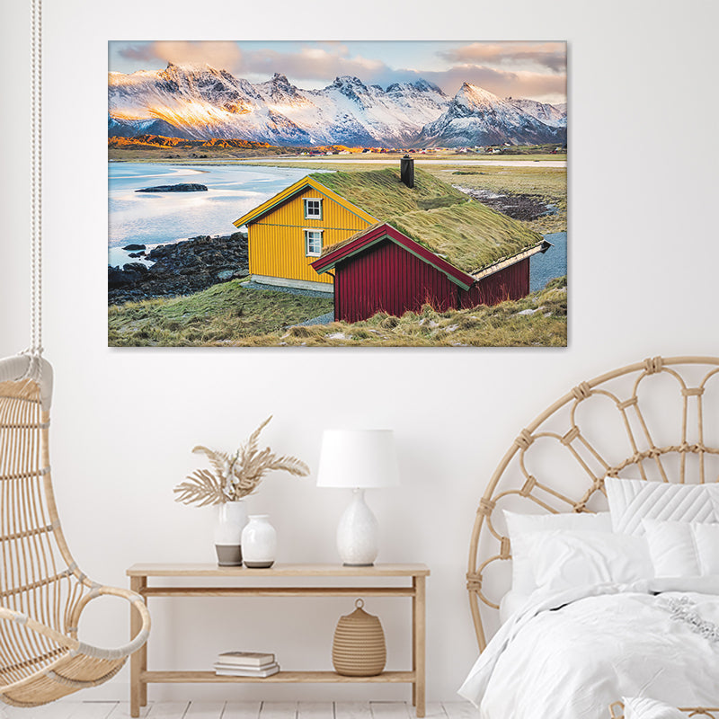 Red Shed And Yellow House With Snowy Mountains Canvas Wall Art - Canvas Prints, Prints for Sale, Canvas Painting, Canvas On Sale