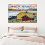 Red Shed And Yellow House With Snowy Mountains Canvas Wall Art - Canvas Prints, Prints for Sale, Canvas Painting, Canvas On Sale