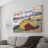 Red Shed And Yellow House With Snowy Mountains Canvas Wall Art - Canvas Prints, Prints for Sale, Canvas Painting, Canvas On Sale