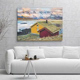 Red Shed And Yellow House With Snowy Mountains Canvas Wall Art - Canvas Prints, Prints for Sale, Canvas Painting, Canvas On Sale