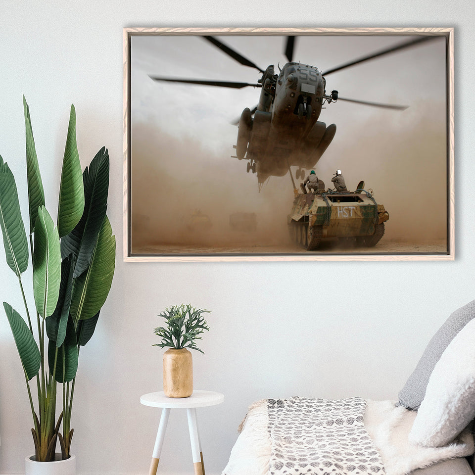Refueling Military Helicopter, Framed Canvas Prints Wall Art Home Decor,Floating Frame, Ready to Hang