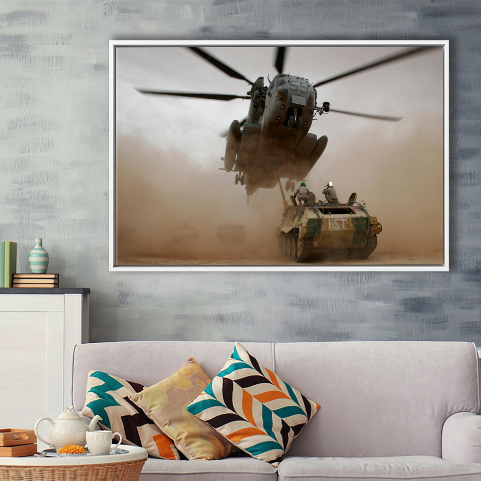 Refueling Military Helicopter, Framed Canvas Prints Wall Art Home Decor,Floating Frame, Ready to Hang