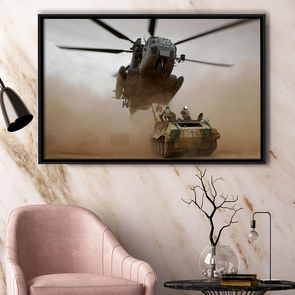 Refueling Military Helicopter, Framed Canvas Prints Wall Art Home Decor,Floating Frame, Ready to Hang