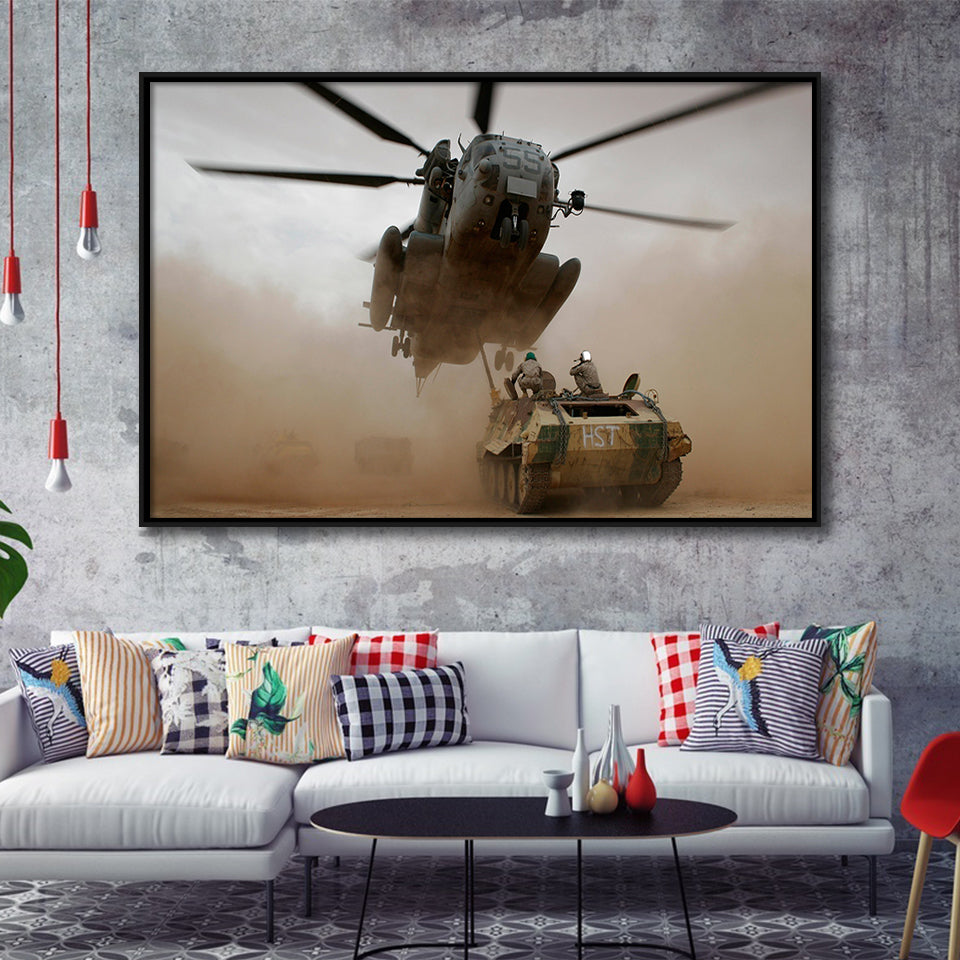 Refueling Military Helicopter, Framed Canvas Prints Wall Art Home Decor,Floating Frame, Ready to Hang