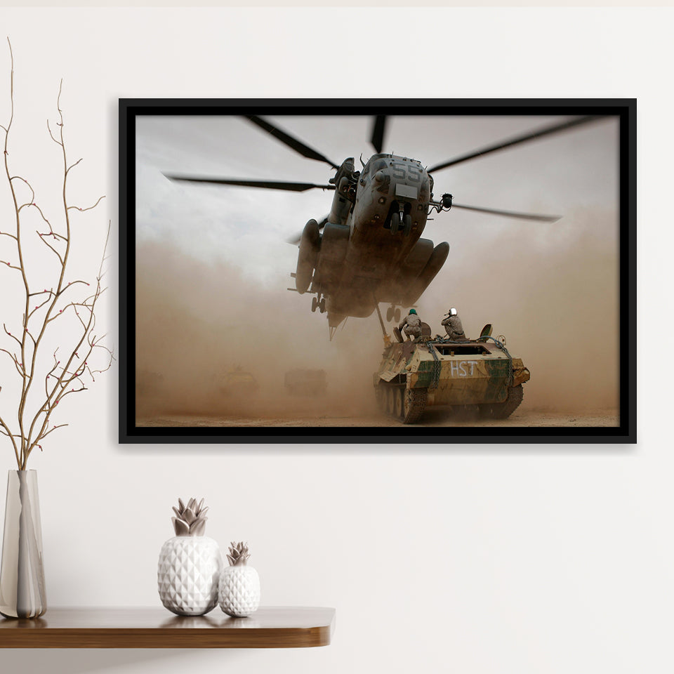 Refueling Military Helicopter, Framed Canvas Prints Wall Art Home Decor,Floating Frame, Ready to Hang