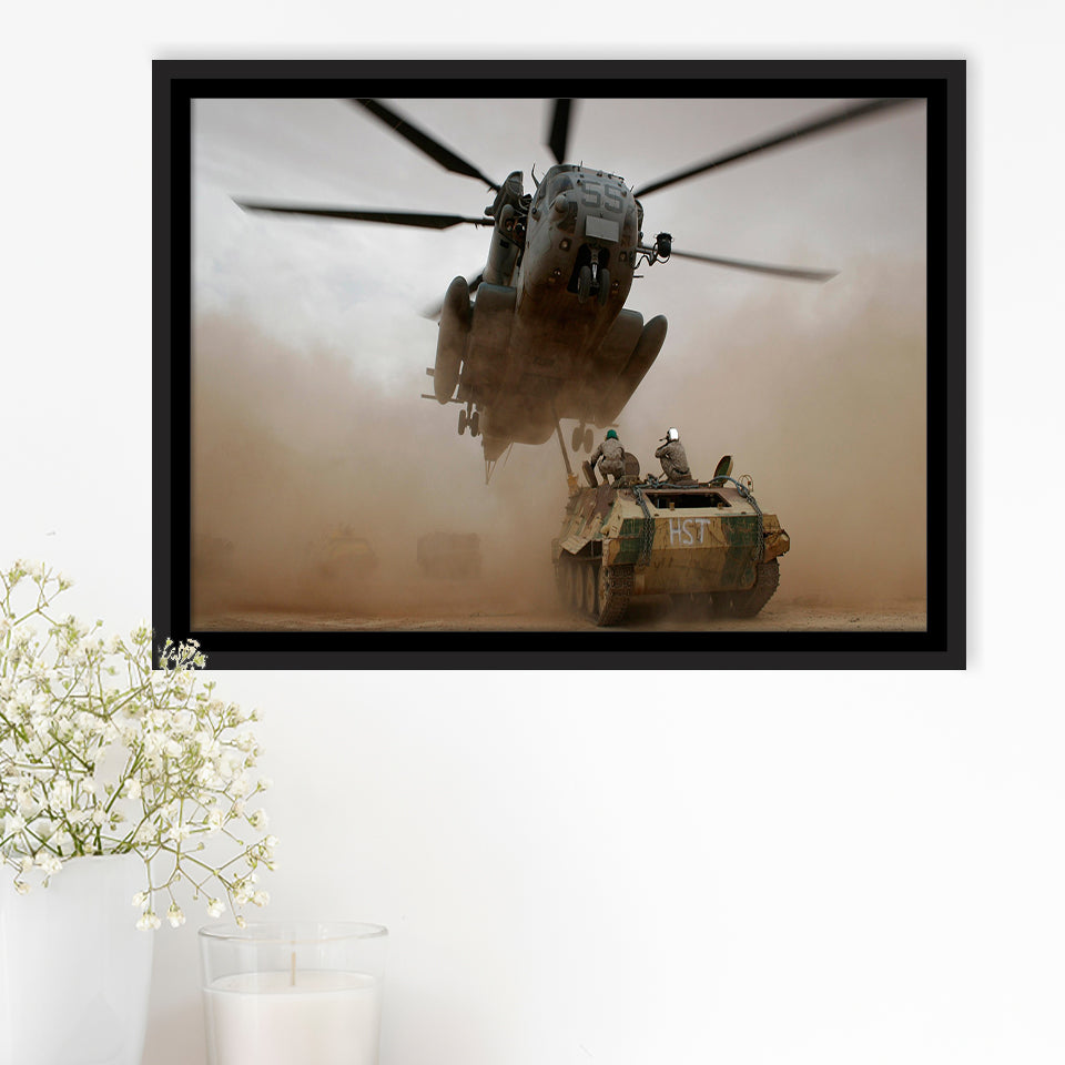 Refueling Military Helicopter, Framed Canvas Prints Wall Art Home Decor,Floating Frame, Ready to Hang