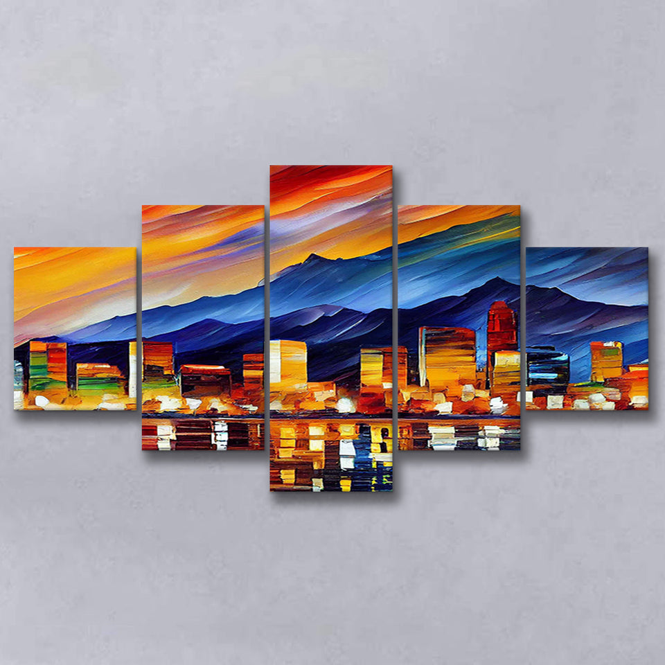 Reno Nevada Skyline Reno Painting Wall Art, 5 Pieces, Multi Panel Canvas Prints Wall Art Decor