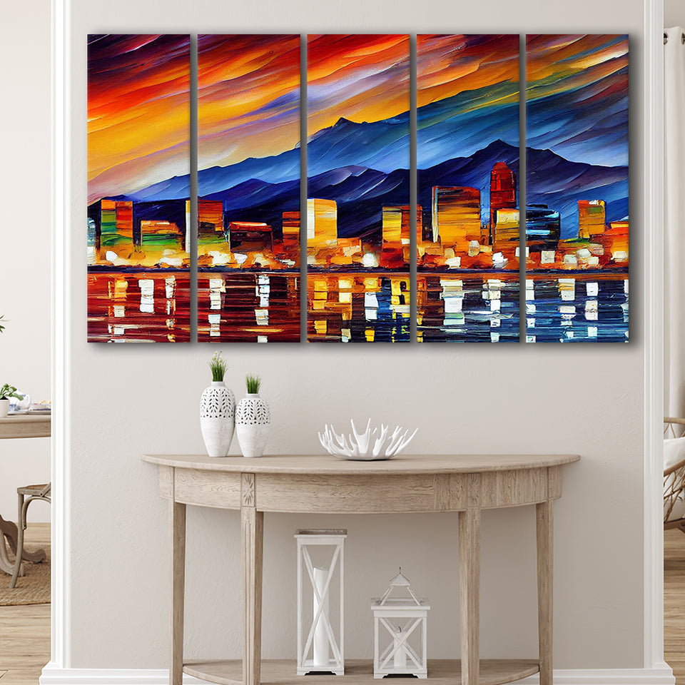 Reno Nevada Skyline Reno Painting Wall Art, 5 Pieces B, Multi Panel Canvas Prints Wall Art Decor