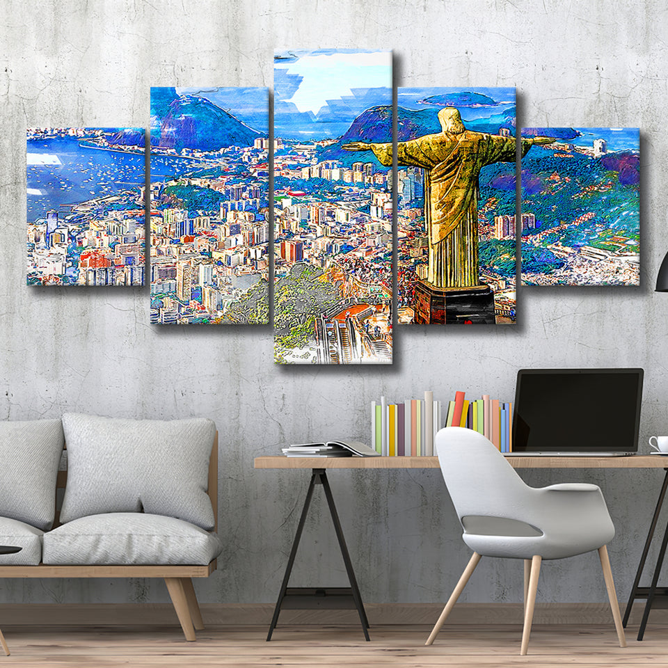 Rio De Janeiro, Christ The Redeemer Painting, Rio Wall Art, Multi Panels, 5 Pieces, Canvas Prints Wall Art Home Decor