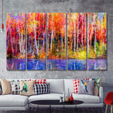 River Near By Trees Oil Painting 5 Pieces Canvas Prints Wall Art - Painting Canvas, Multi Panels, Wall Decor