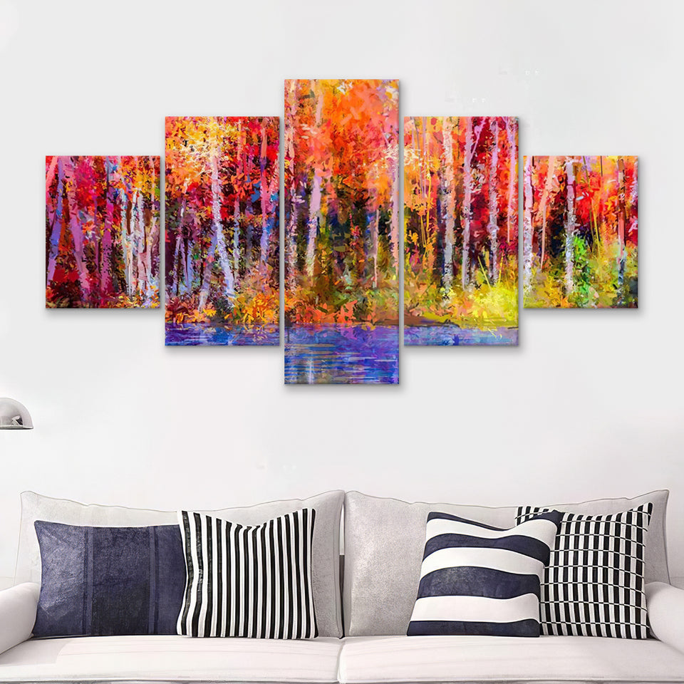 River Near By Trees Oil Painting 5 Pieces Canvas Prints Wall Art - Painting Canvas, Multi Panels, Wall Decor