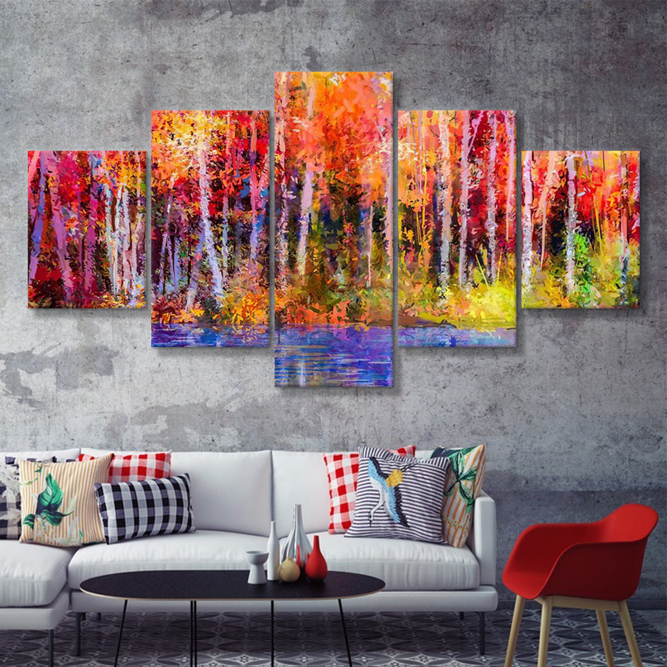 River Near By Trees Oil Painting 5 Pieces Canvas Prints Wall Art - Painting Canvas, Multi Panels, Wall Decor