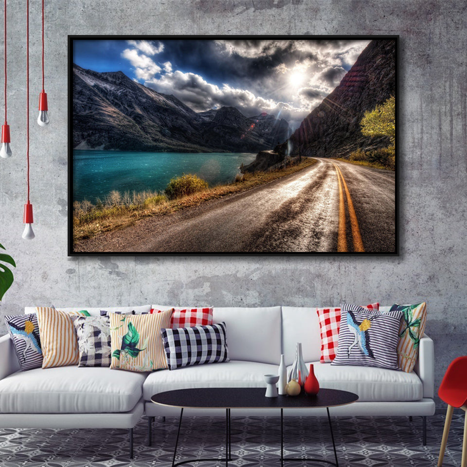 Road Path Way Mountain Nature Water Framed Canvas Prints Wall Art - Painting Canvas, Wall Decor, Canvas Art, Floating Frame