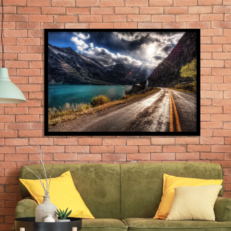 Road Path Way Mountain Nature Water Framed Art Prints Wall Decor - Painting Prints, Wall Art, Framed Picture, Black Frame