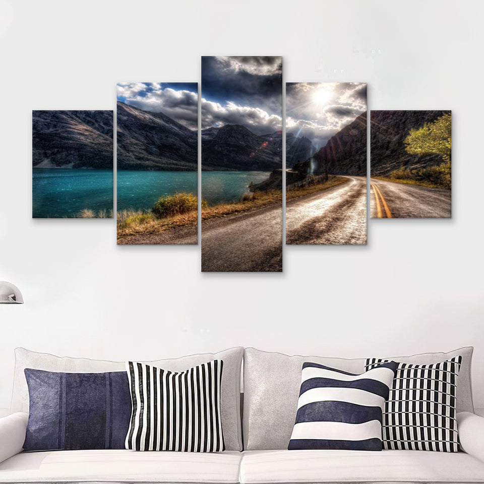 Road Path Way Mountain Nature Water 5 Pieces Canvas Prints Wall Art - Painting Canvas, Multi Panel, Wall Decor, Canvas Art