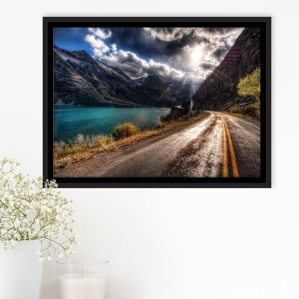 Road Path Way Mountain Nature Water Framed Canvas Prints Wall Art - Painting Canvas, Wall Decor, Canvas Art, Floating Frame