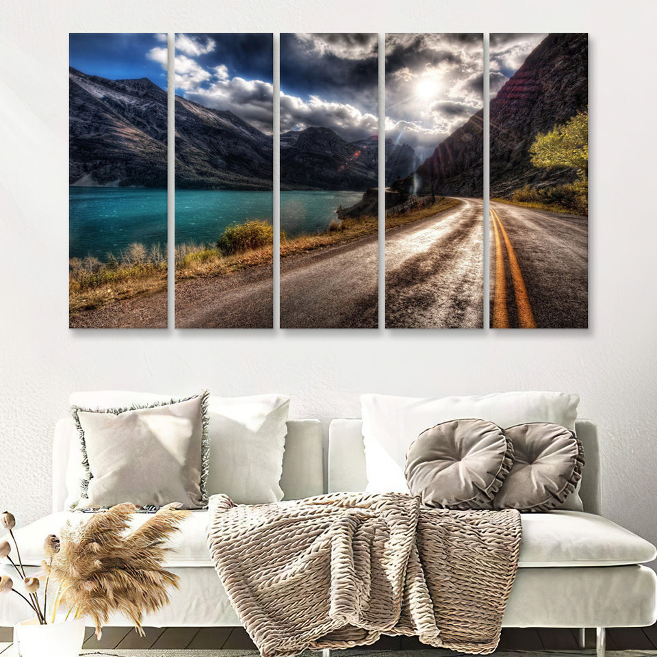 Road Path Way Mountain Nature Water 5 Pieces B Canvas Prints Wall Art - Painting Canvas, Multi Panel, Wall Decor, Canvas Art